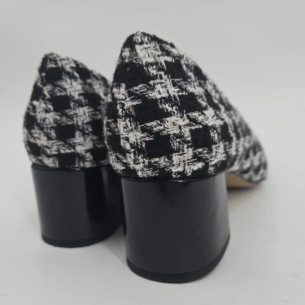 Ann Taylor 7.5M Tweed Pumps Heels Block Square Toe Black White Houndstooth